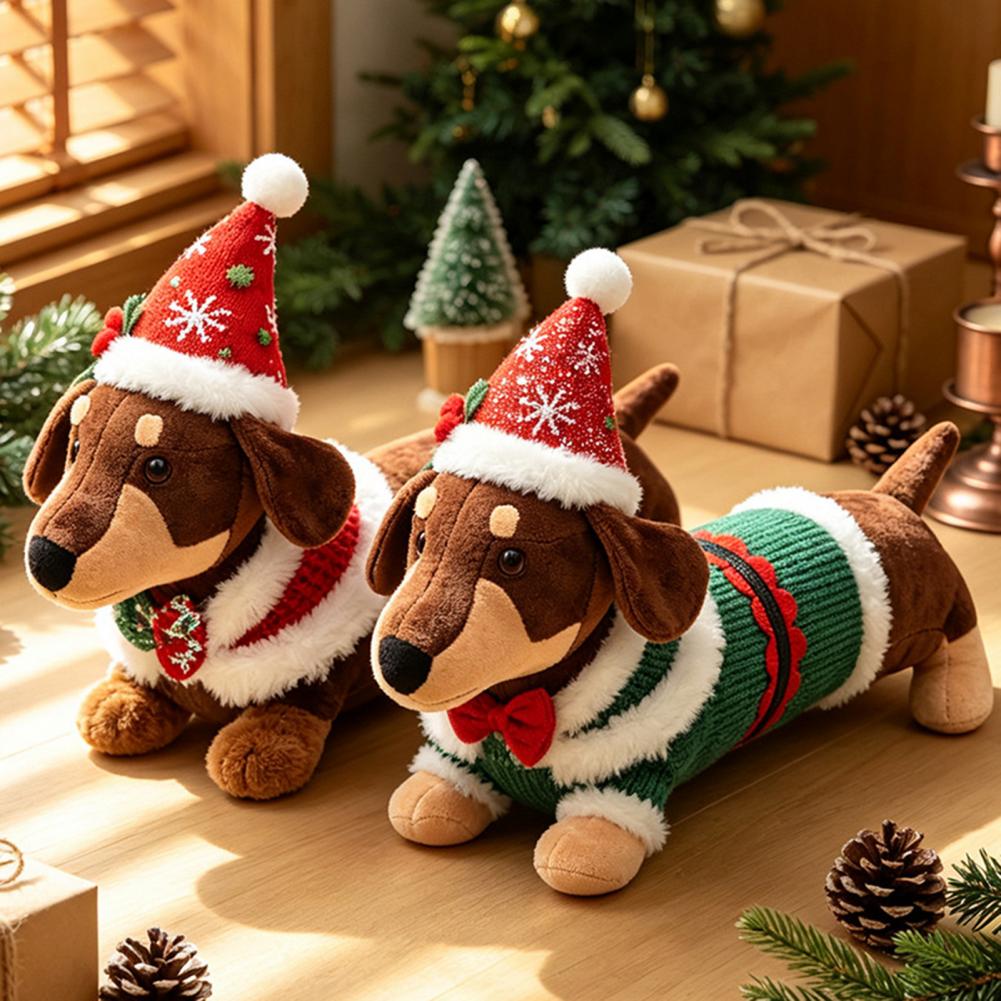 Santa Hat Plush - Dackel-Weihnachtsplüschtier, Weihnachtsdekoration, Plüschtier, Weihnachtsdackel-Plüschtier mit Weihnachtsmannmütze,