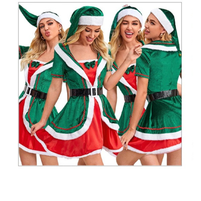 Elf Costume Christmas - Weihnachts-Cosplay-Kostüm Elfen-Kleid mit Kurzen Ärmeln Hut