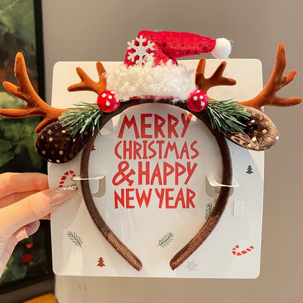Reindeer Antlers Headband - Cosplay Rotes Samt-Rentiergeweih Haarband Schneeflocke Beere